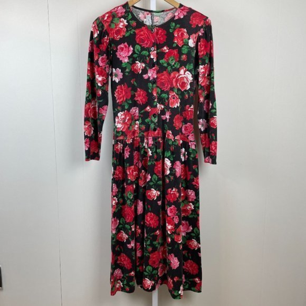 Vintage 80s Expo Floral Red Pink Rose Print Modest Maxi Dress Womens Size 5/6